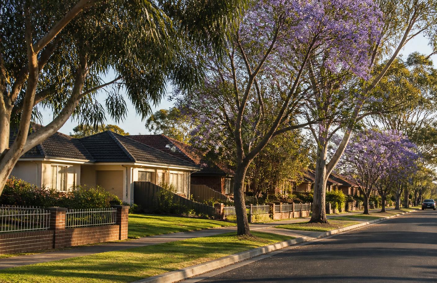 A quiet Revesby street in South West Sydney with brick homes, front lawns and jacaranda trees in late afternoon light