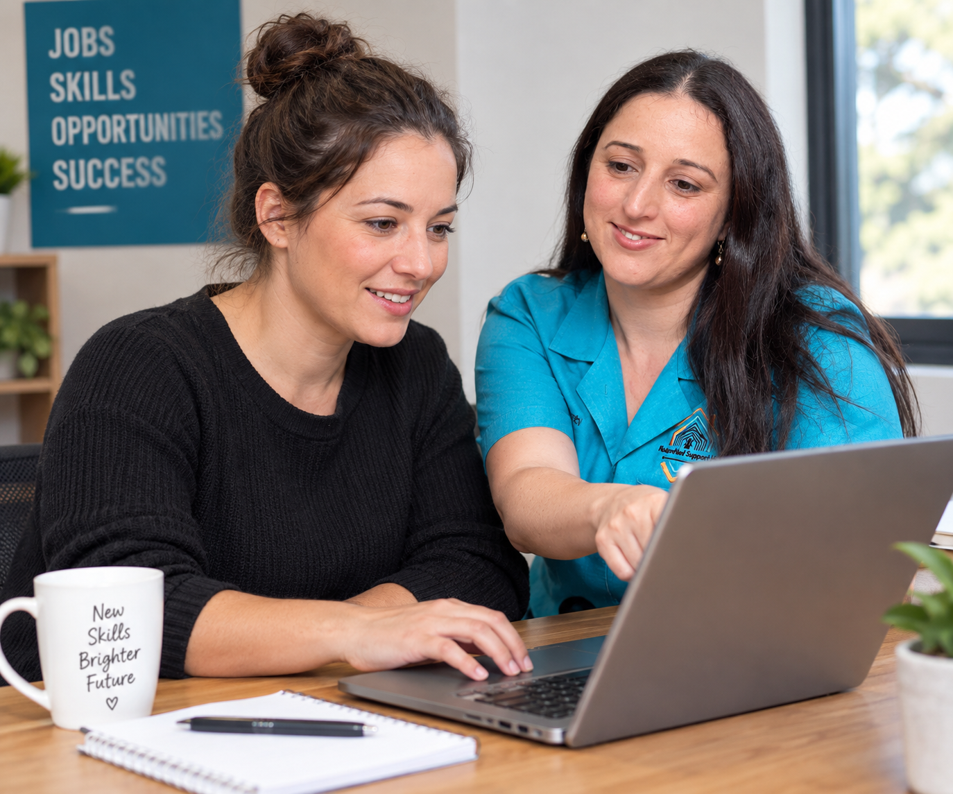 A NutureNest support worker helping an NDIS participant search for jobs on a laptop during a support to access work session in South West Sydney