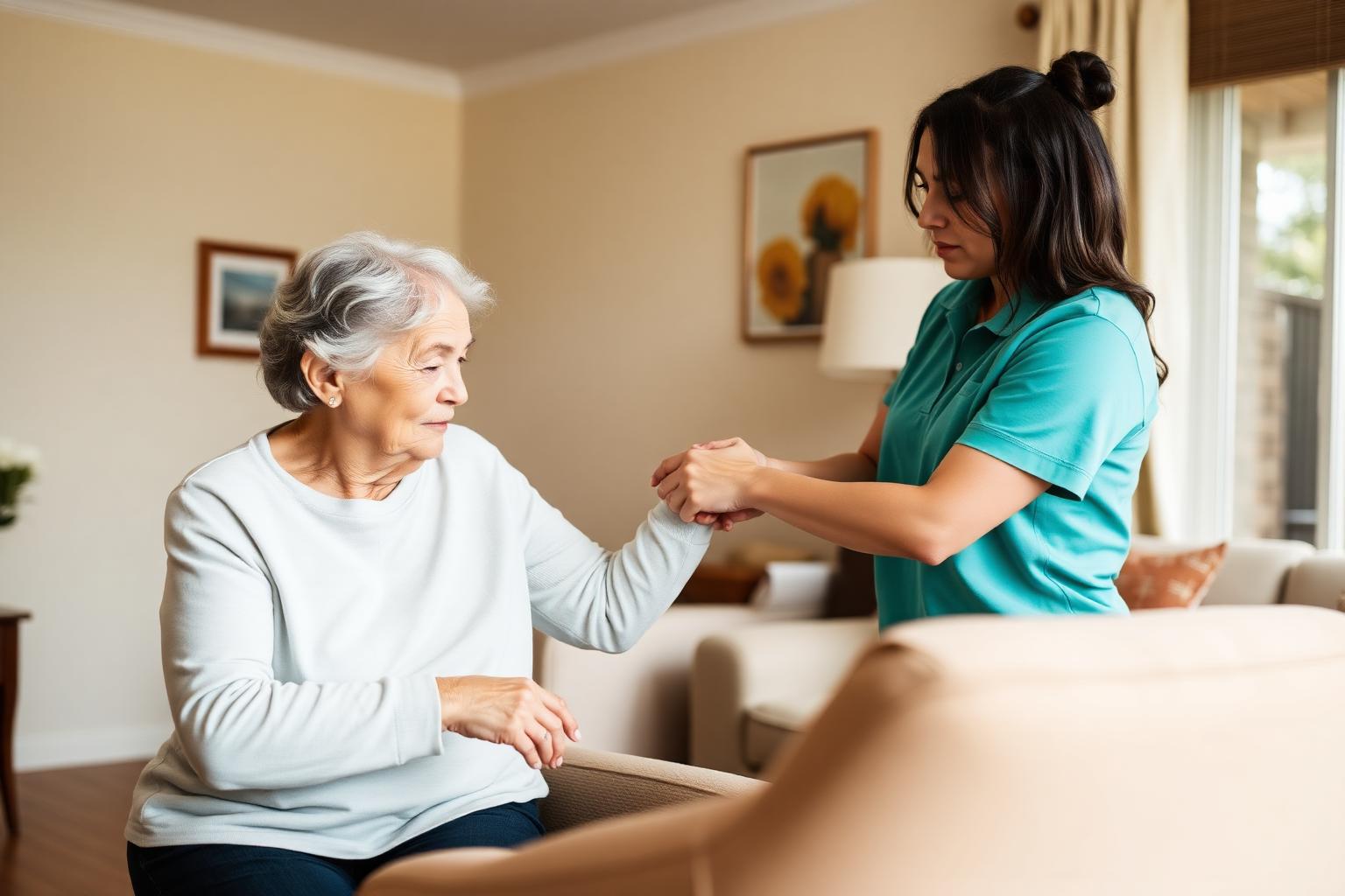 A NutureNest support worker helping an older Bankstown participant stand up safely from an armchair during a personal care visit